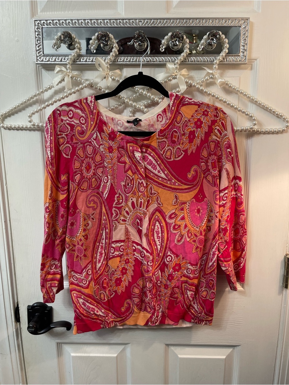 Talbots Pink and Orange Paisley Boatneck Cardigan